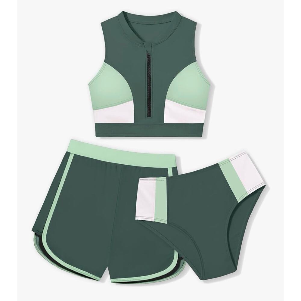Girls Swimsuit 3 Piece Color Block Zipper Front Bathing Suit Bikini Size 15-16Y